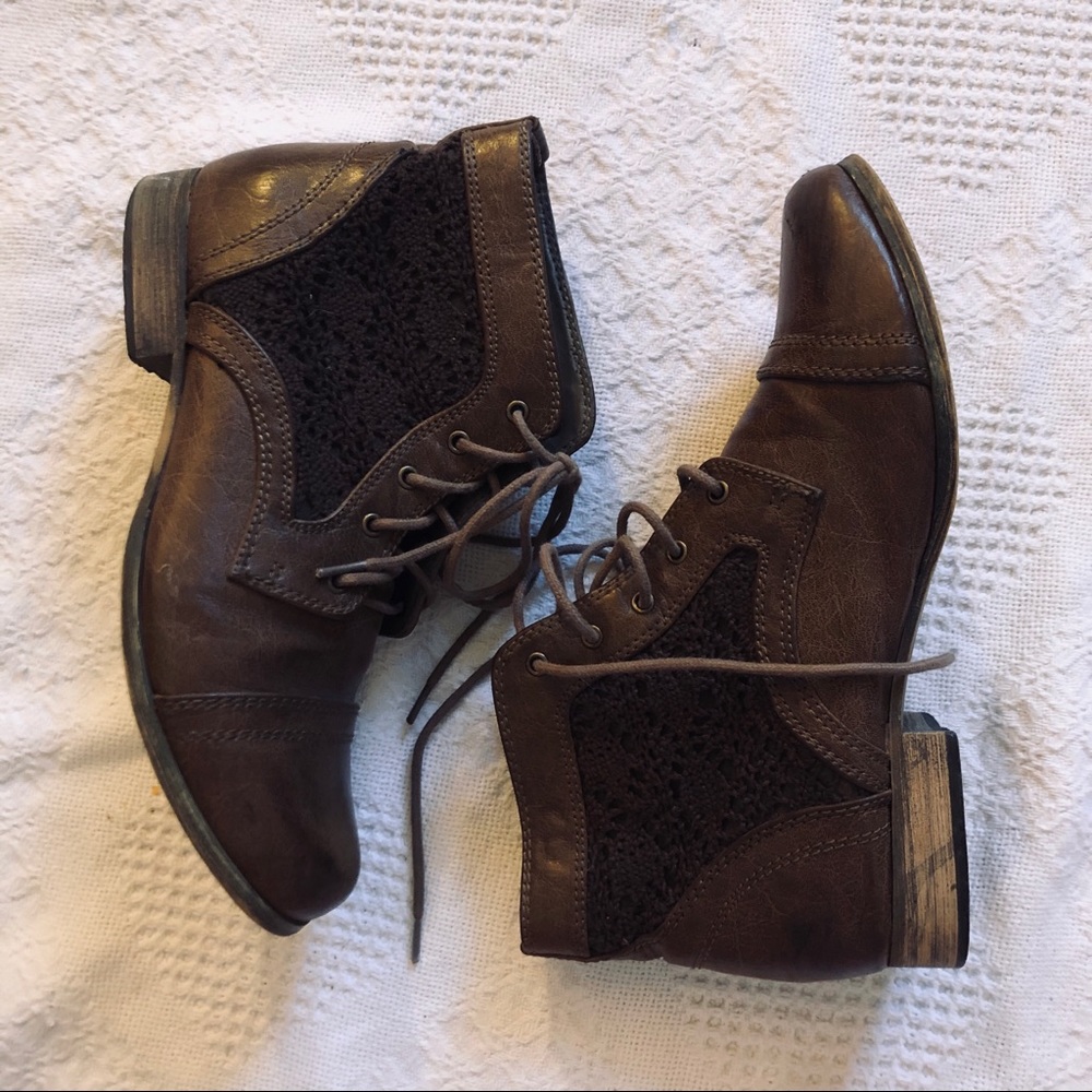 Brown Leather Ankle Boots w/ Lace Detail